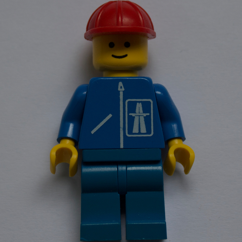 Lego Construction Worker, Blue Jacket with Highway Logo, Blue Legs, Red Hard Hat