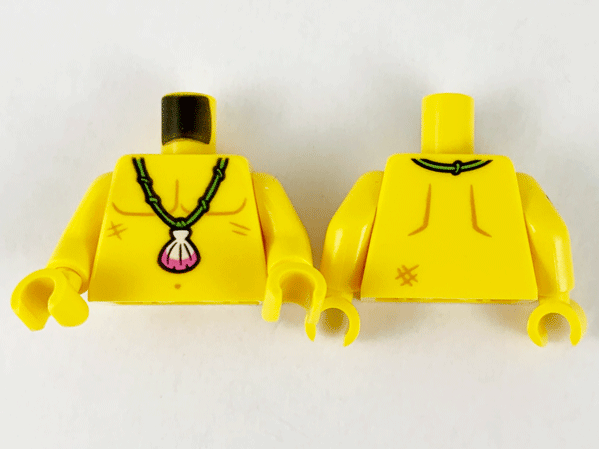 Lego Torso Bare Chest Outline, Medium Nougat Scars and Bright Green Necklace with Shell Pattern / Yellow Arm Left / Yellow Arm Right with Anchor Tattoo Pattern / Yellow Hands