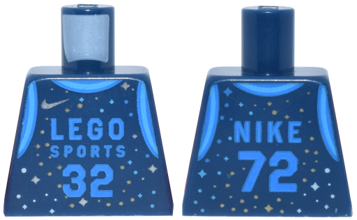 Lego Torso Basketball Uniform with Dark Azure 'LEGO SPORTS 32' and 'NIKE 72' and Silver and Gold Sparkles and Swoosh Logo Pattern