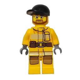 Fireman, Bright Light Orange Fire Suit, Black Cap, Beard and Glasses