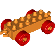 Lego Duplo Car Base 2 x 6 with Fake Bolts, Open Hitch End and Red Wheels / Orange