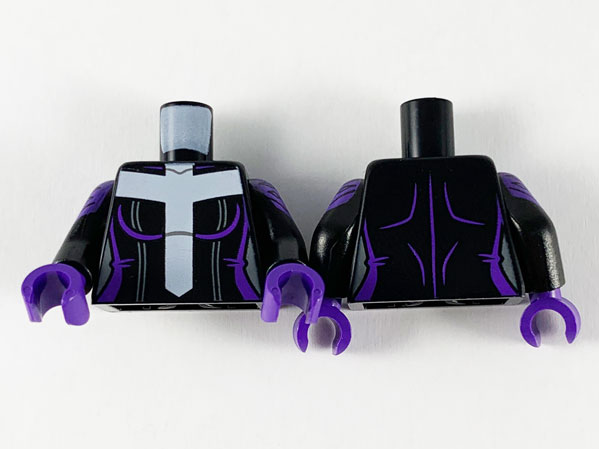 Lego Torso Female, Large White Cross, Dark Purple Trim Pattern / Black Arms with Dark Purple Plated Shoulder Armor Pattern / Dark Purple Hands