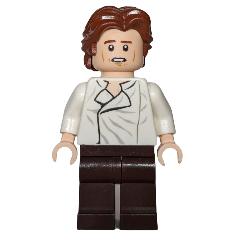 Lego Han Solo, White Shirt, Dark Brown Legs, Dual Sided Head Open Mouth / Closed Eyes with Closed Mouth, Ruffled Hair