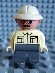Duplo Figure, Male, Dark Gray Legs, Light Yellow Top, Tan Pith Helmet, Moustache (75425)
