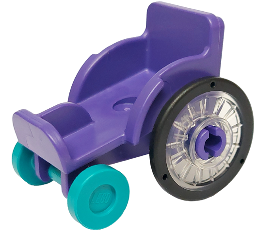 Lego Mini Doll, Utensil Wheelchair with Trans-Clear Wheelchair Wheels with Technic Pin Hole and Dark Turquoise Trolley Wheels (2135 / 80441pb01 / 2496)