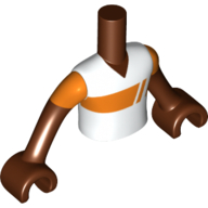 Lego Minidoll Torso Boy with White/Orange Shirt print, Reddish Brown Arms and Hands / Reddish Brown