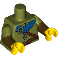 Lego Torso, Dual Molded Arms, Tunic, Blue Cape, Reddish Brown Strap and Belt Print, Olive Green Sleeves Pattern, Dark Brown Arms, Yellow Hands / Olive Green