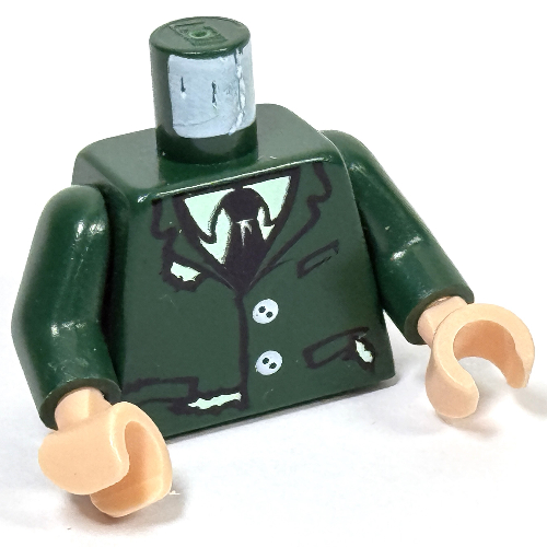 Lego Torso Torn Suit with Buttons, Shirt and Tie Print, Dark Green Arms, Light Nougat Hands / Dark Green