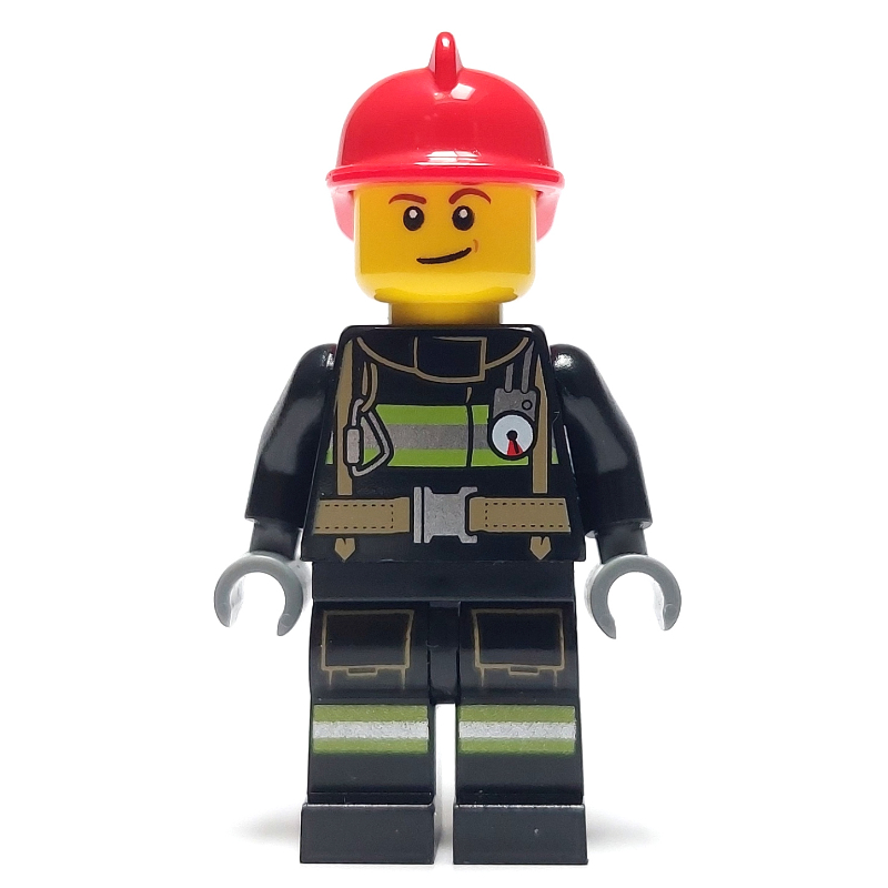 Lego Fireman, Black Fire Suit with Gauge and Straps, Red Helmet