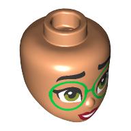Lego Minidoll Head, Black Eyebrows, Green Glasses, Olive Green Eyes, Dark Red Lips, Open Mouth / Nougat