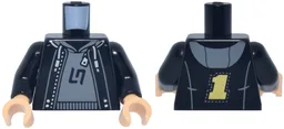 Torso Jacket Open with Silver Zipper and Gold Number 1 over Dark Bluish Gray Hoodie with LN Racing Kart Logo Pattern / Black Arms / Medium Tan Hands / Black