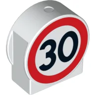 Duplo Brick 1 x 3 x 2 Round Top, Cut Away Sides with Road Sign with 30 Print / White