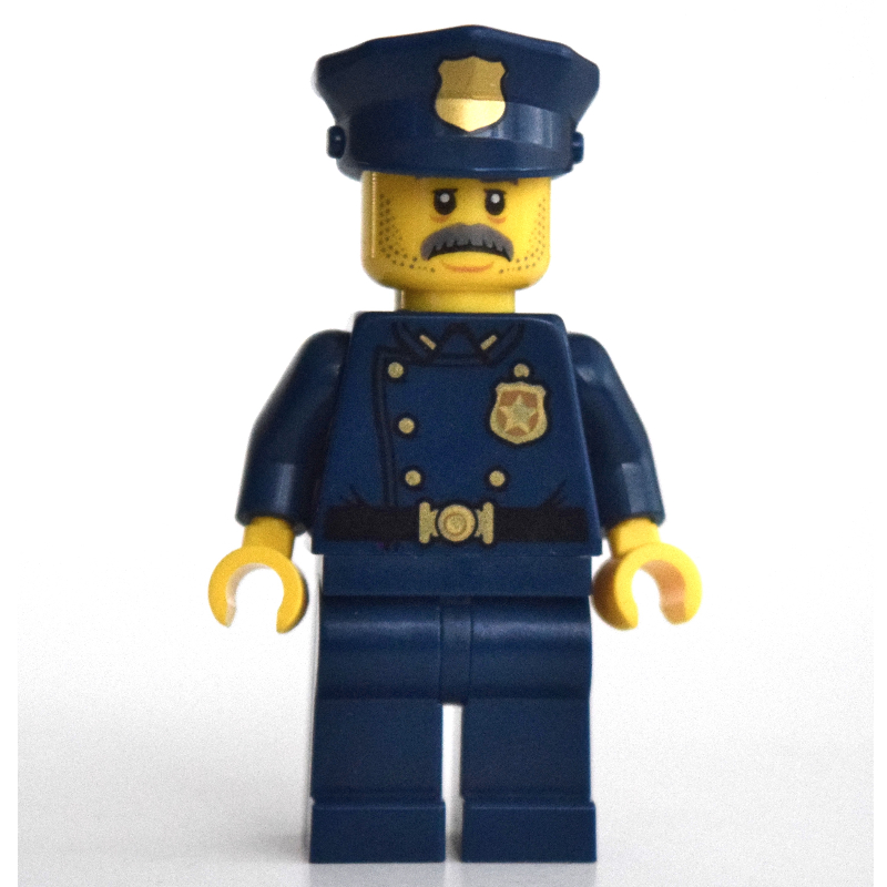 Lego Policeman, Dark Blue Suit with Large Lapels and Gold Buttons, Police Hat, Moustache