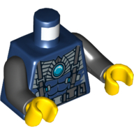Lego Torso Bare Chest with Muscles, Suspenders, Belt and Silver Armor with Blue Round Jewel (Chi) Print, Black Arms, Yellow Hands / Dark Blue