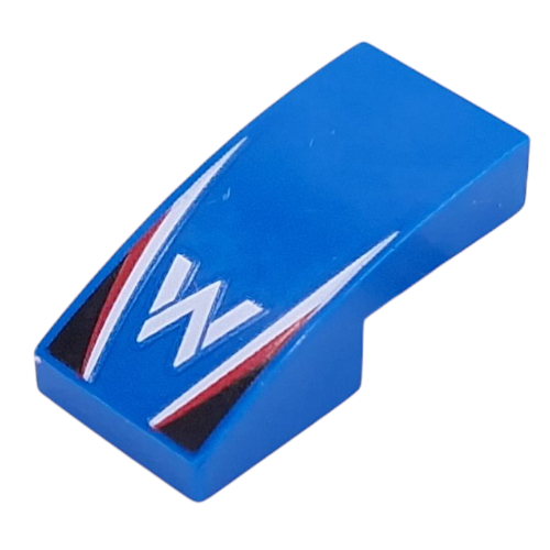 Lego Brick Curved 2 x 1 No Studs with White 'W', White/Red Stripes, Black Triangles print / Blue