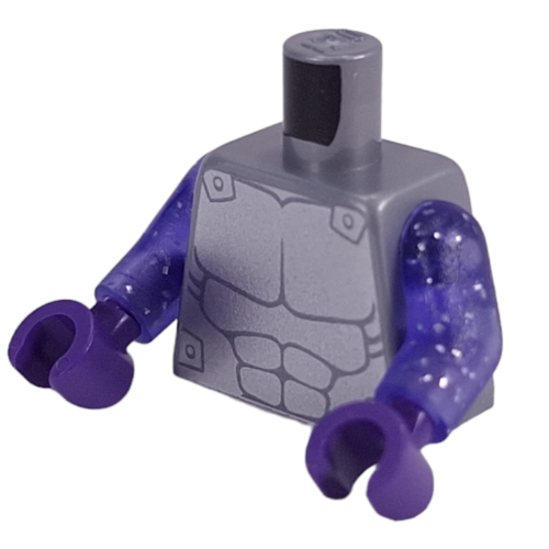Lego Torso Armor, Silver Chest Plate print, Glitter Trans-Purple Arms, Dark Purple Hands / Flat Silver