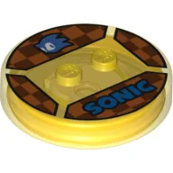 Function Brick Round 4 x 4 x 2/3 with 2 Studs and Blue Sonic Head and 'SONIC' on Checkerboard Background Print / Trans-Yellow