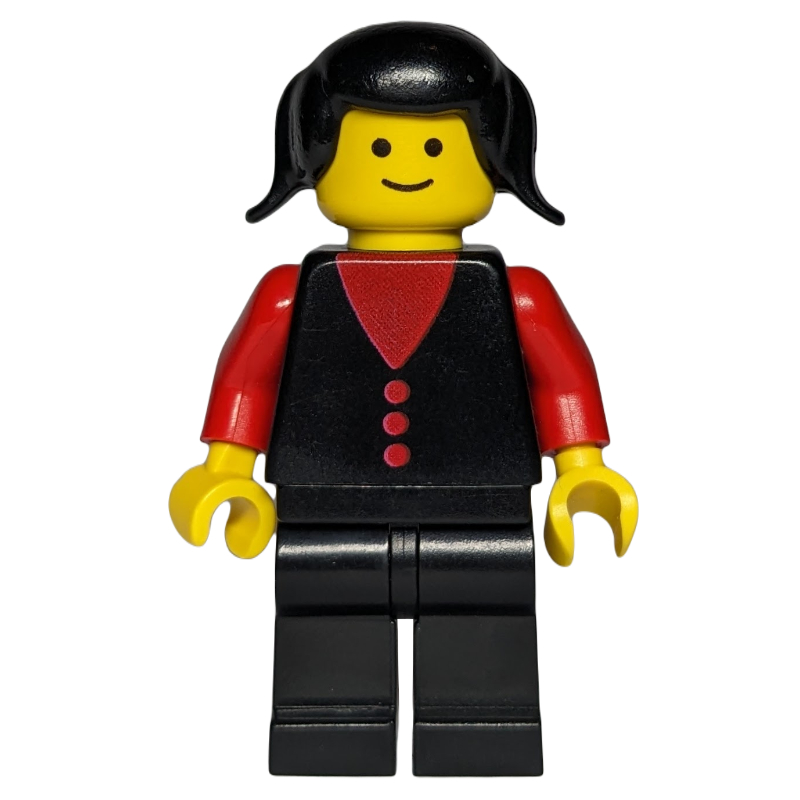 Lego Woman, Black Vest over Red Top, Black Legs, Black Hair