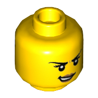 Lego Minifig Head, Medium Nougat Lips, Crooked Smile / Dark Pink, Dark Purple, and Dark Azure Sunglasses Print / Yellow