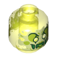 Lego Minifig Head Ghost, with Yellowish Green Face, White Eyes, Lime Eye Shadow, Clown Make Up, Slime Mouth Print / Trans-Neon Green