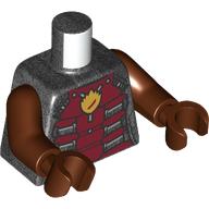Lego Torso, Dark Red Armor, Orange Flame print, Reddish Brown Arms, Reddish Brown Hands / Pearl Titanium
