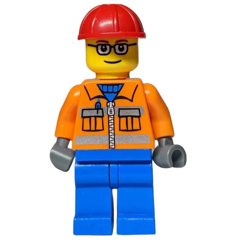 Lego Construction Worker, Orange Jacket with Zipper and Reflective Stripes, Blue Legs, Red Hard Hat, Glasses