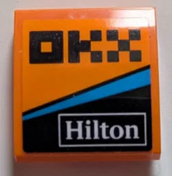 Slope, Curved 2 x 2 with Black Pixelated 'OKX', White 'Hilton' and Dark Azure Stripe Pattern Model Left Side (Sticker) - Set 76919