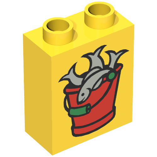 Lego Duplo Brick 1 x 2 x 2 with Bucket of Fish Print / Yellow