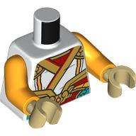 Lego Torso, Gold/Yellow Armor, White Shirt, Dark Turquoise/Red Decorations print, Bright Light Orange Arms, Tan Hands / White