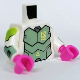 Torso, Sand Green Armor, Lime Shoulders Print, White Arms, Dark Pink Hands / White