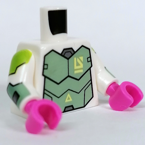 Lego Torso, Sand Green Armor, Lime Shoulders print, White Arms, Dark Pink Hands / White