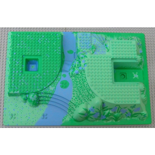 Lego Baseplate Raised 32 x 48 x 6 with Front and Back Steps and Medium Blue and Green Garden Print / Bright Green
