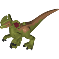 Lego Animal Body Part, Dinosaur, Dilophosaurus Body (No Lower Jaw) with Sand Red Back, Yellow Eyes, Magenta Ears / Olive Green