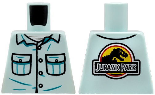 Lego Torso Shirt with 2 Black Pockets with Buttons over White Undershirt, Dark Turquoise Creases, Jurassic Park Logo Pattern