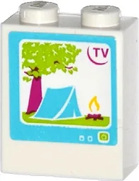 Brick 1 x 2 x 2 with Inside Stud Holder with 'TV', Tree, Tent and Campfire on Screen Pattern (Sticker) - Set 41034
