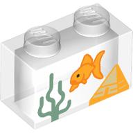 Lego Brick 1 x 2 without Bottom Tube with Fish Tank, Goldfish, Seaweed print / Trans-Clear
