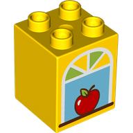 Lego Duplo Brick 2 x 2 x 2 with Arched Window, Apple print / Yellow