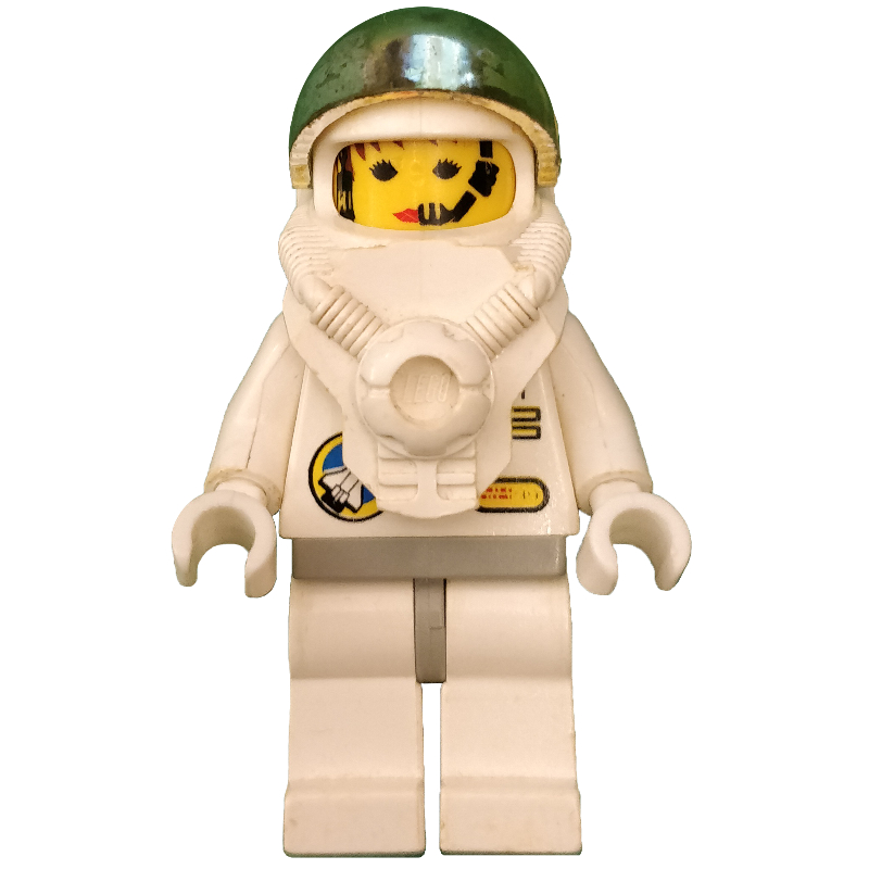 Lego Astronaut, Woman, White, Light Gray Hips, Helmet with Breastplate and Large Chrome Gold Visor, Headset