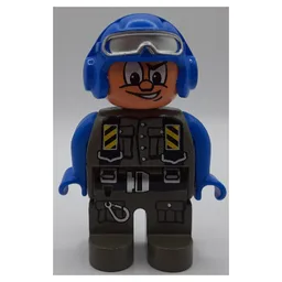 Duplo Figure, Early, Aviator Hat Blue with Silver Visor, Dark Gray Legs, Dark Gray Jumpsuit, Blue Arms Print (Action Wheeler) / Dark Gray