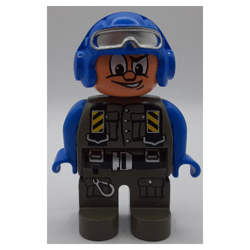 Lego Duplo Figure, Early, Aviator Hat Blue with Silver Visor, Dark Gray Legs, Dark Gray Jumpsuit, Blue Arms Print (Action Wheeler) / Dark Gray