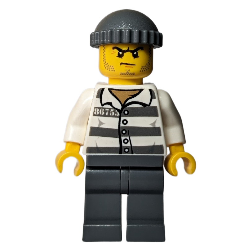 Lego Criminal, Prison Shirt with #86753, Dark Bluish Gray Legs, Dark Bluish Gray Hat