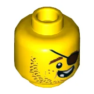 Minifig Head Cook, Beard Brown Stubble, Eyepatch, Open Grin, Missing Teeth Print / Yellow
