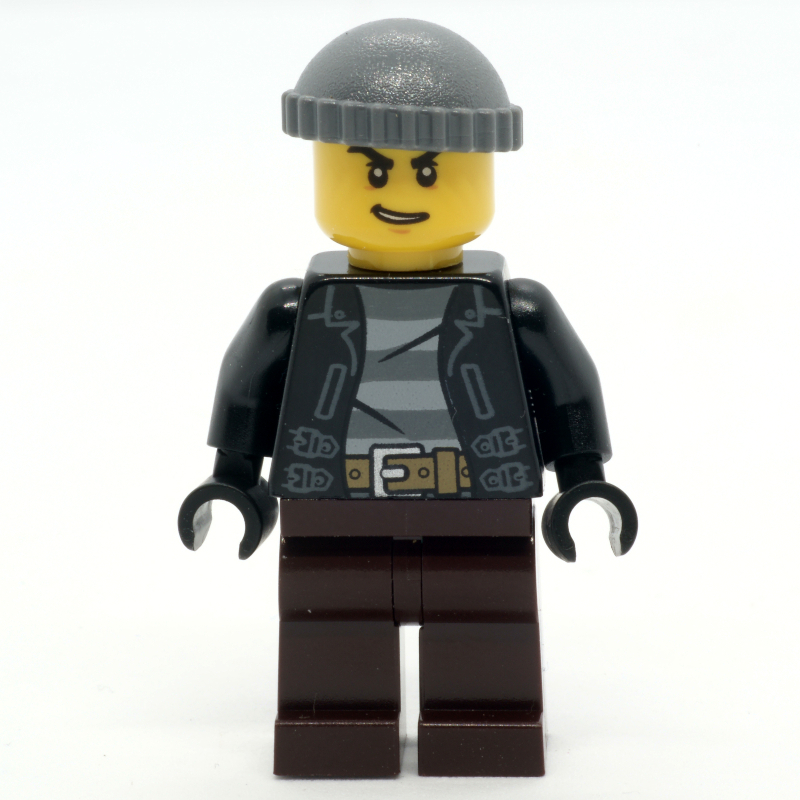 Lego Criminal, Open Black Jacket over Prison Shirt, Dark Brown Legs, Dark Bluish Gray Hat