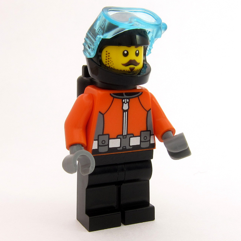 Lego Aaron Apnea, Diver, Reddish Orange Wetsuit, Black Legs, Black Helmet, Moustache
