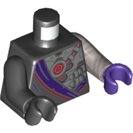 Lego Torso, Odd Arms and Hands, Robe with Dark Purple Trim, over Robot Panels Print, Left Flat Silver Arm and Dark Purple Hand, Right Black Arm and Hand / Black