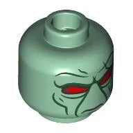 Minifig Head Solitus, Alien, Red Eyes, Dark Green Lines, Big Nose / Sand Green