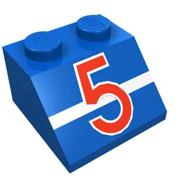 Brick Sloped 45° 2 x 2 with Red/White '5' and White Stripe Print / Blue