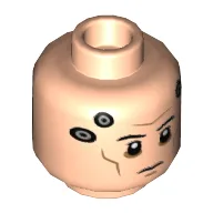 Minifig Head Echo, Shadow Under Eyes, Cheek and Forehead Lines, Dark Bluish Gray Circles on Temples/Silver Circles and Metal Mechanical Panel on Back / Light Nougat