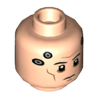 Lego Minifig Head Echo, Shadow Under Eyes, Cheek and Forehead Lines, Dark Bluish Gray Circles on Temples/Silver Circles and Metal Mechanical Panel on Back / Light Nougat