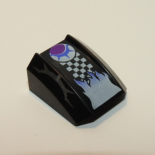 Lego Brick Curved 2 x 2 with Lip, No Studs with White Checks and Flames Print (Spiky) / Black